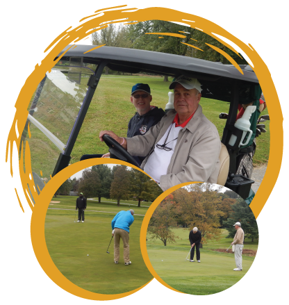 Collage of photos - Fred and Dr. Gosse in cart, two photos of different players putting